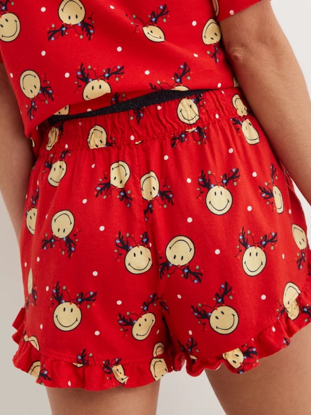 Aerie Red Smile Face Reindeer Button-Front Pajama Top and Shorts Set Sz XL - Picture 4 of 14